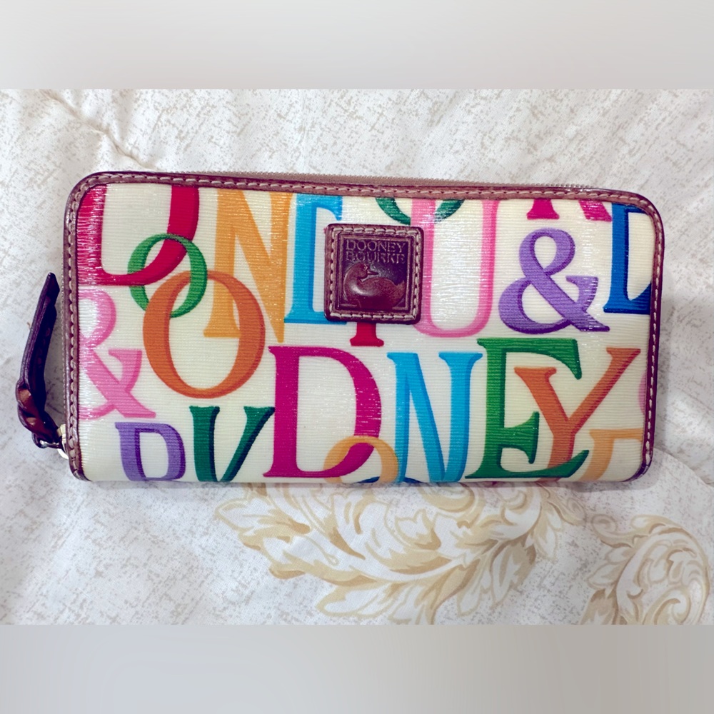 Dooney & Bourke Multicolor Letter Zip Wallet with Brown Leather Trim